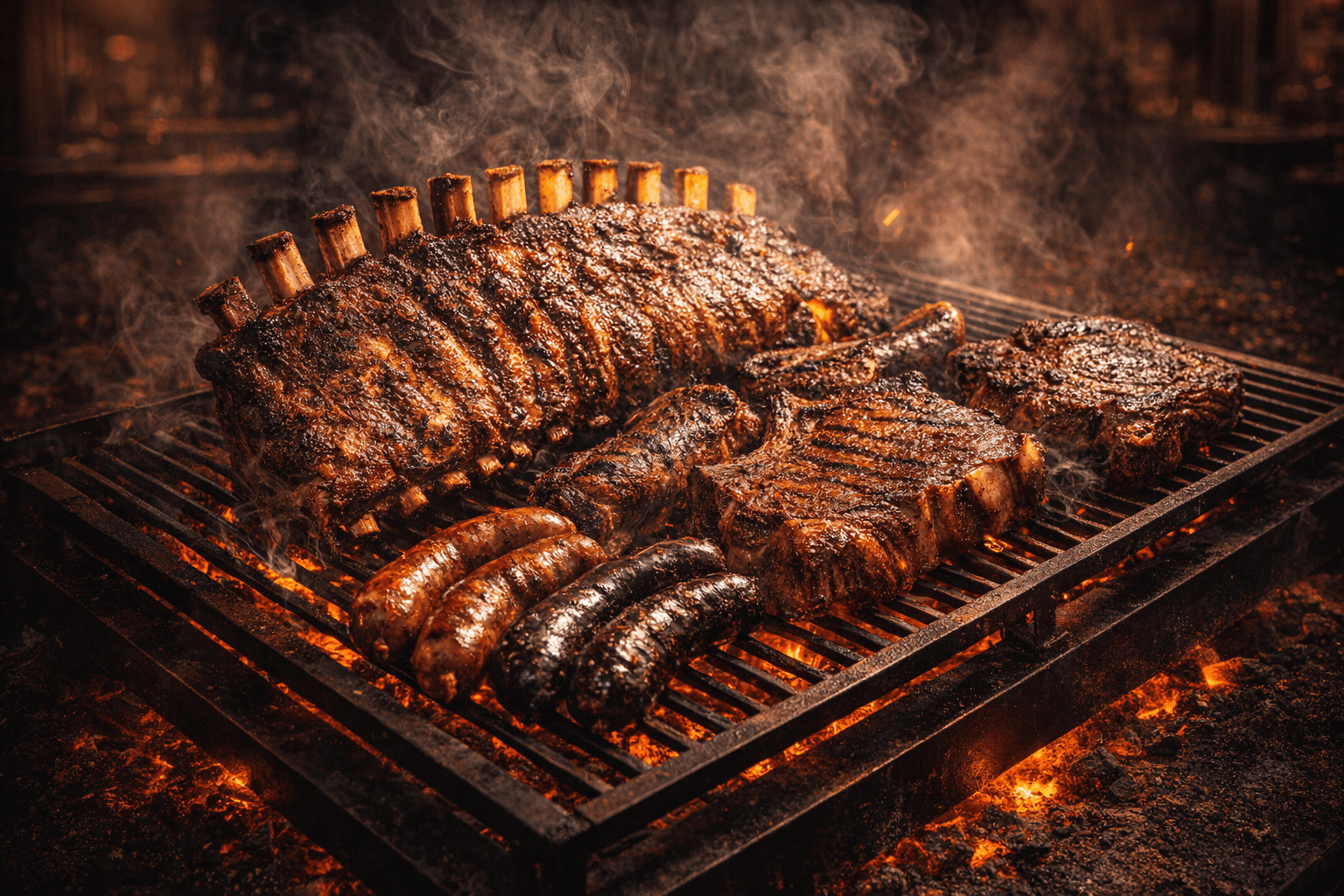 Argentine barbecue asado with beef ribs on parrilla grill