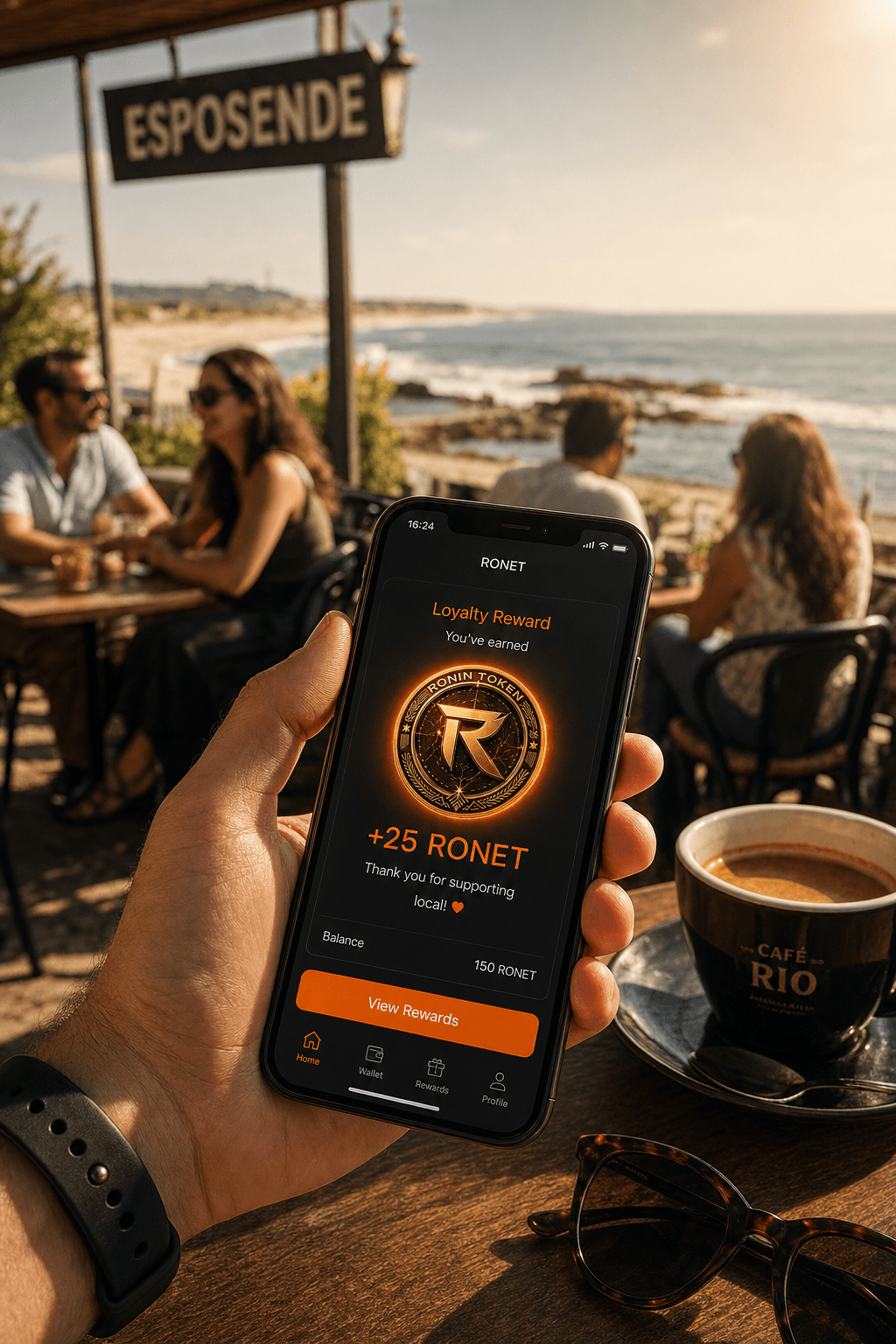 Hand holding smartphone with RONET loyalty token glowing on screen, Esposende coastline and café terrace blurred in background, warm afternoon light