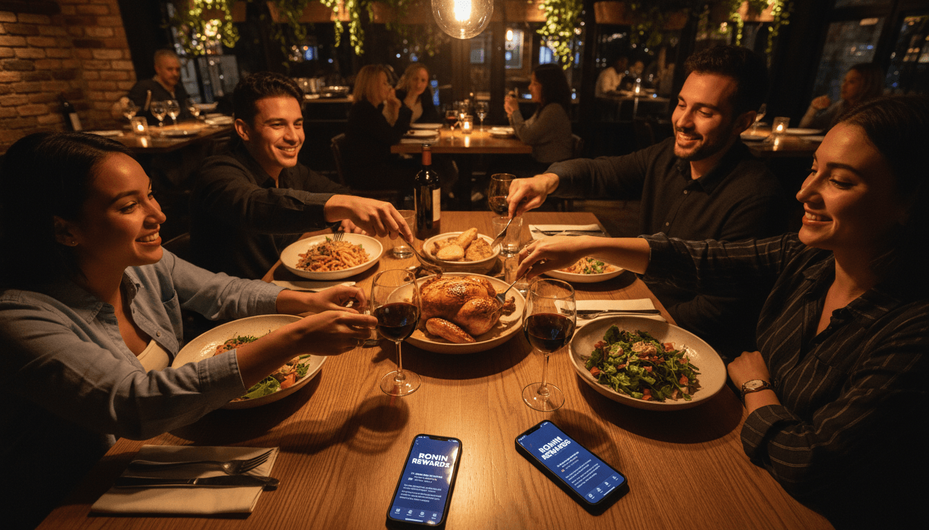 Friends sharing a meal while redeeming cross-network loyalty rewards
