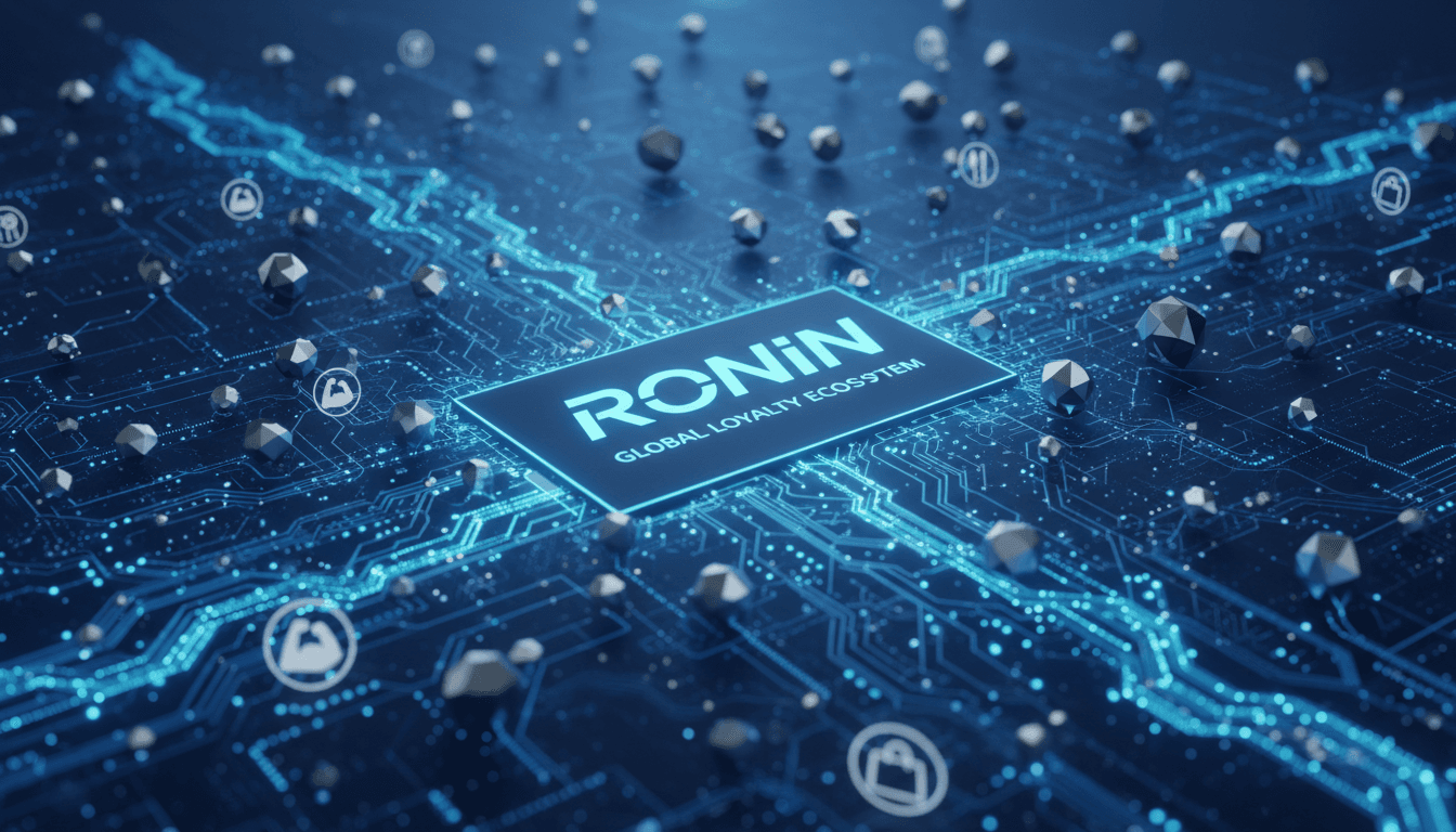 Digital blockchain network visualization showing connected nodes representing RONIN's global loyalty ecosystem
