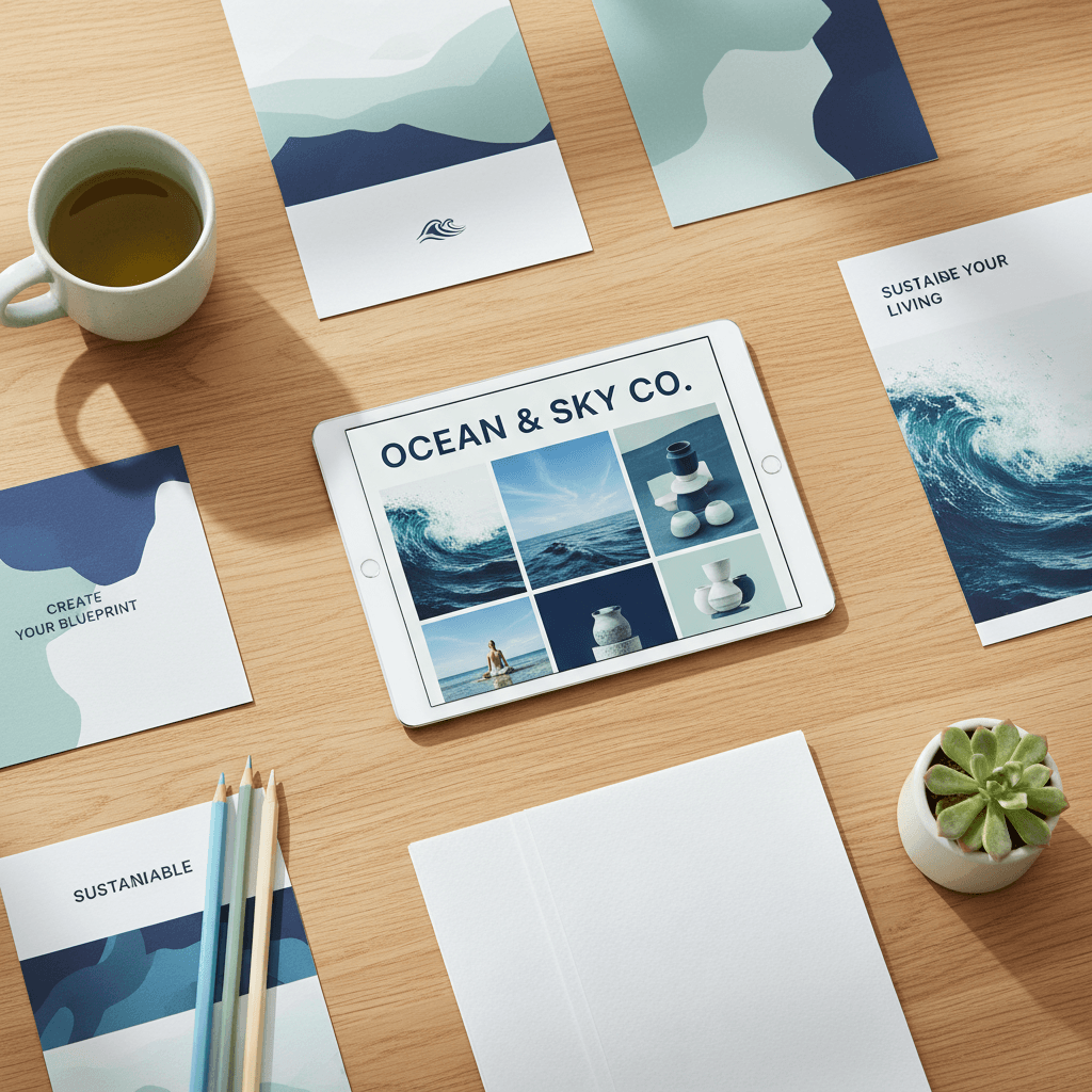 Overhead view of a wooden desk with marketing materials and a tablet showing a brand mood board