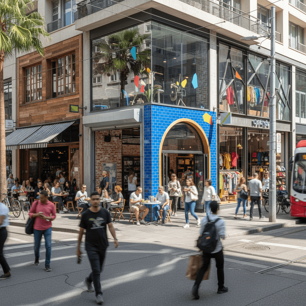 Diverse partner businesses on a city street