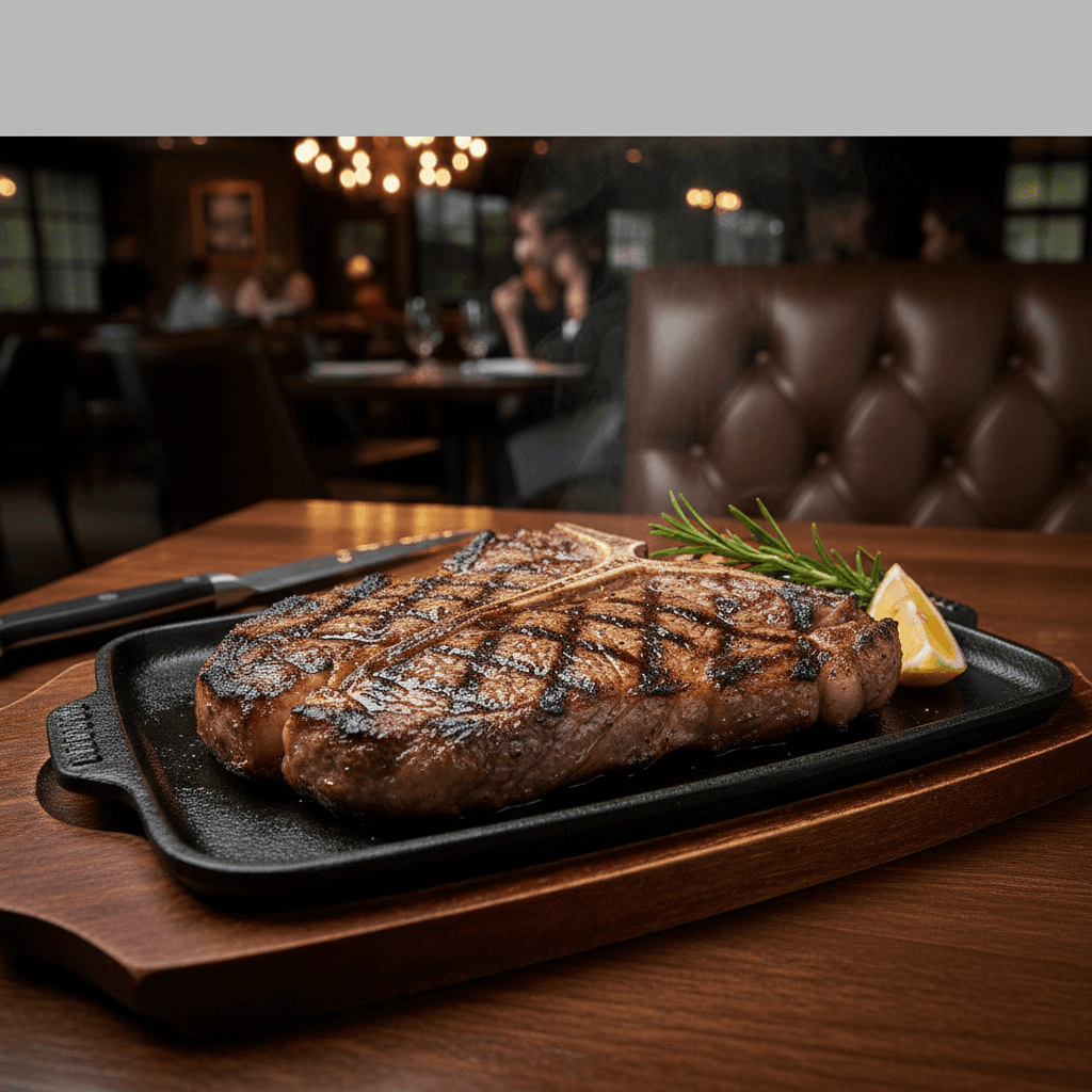 Charred t-bone steak on a dark platter in an upscale steakhouse