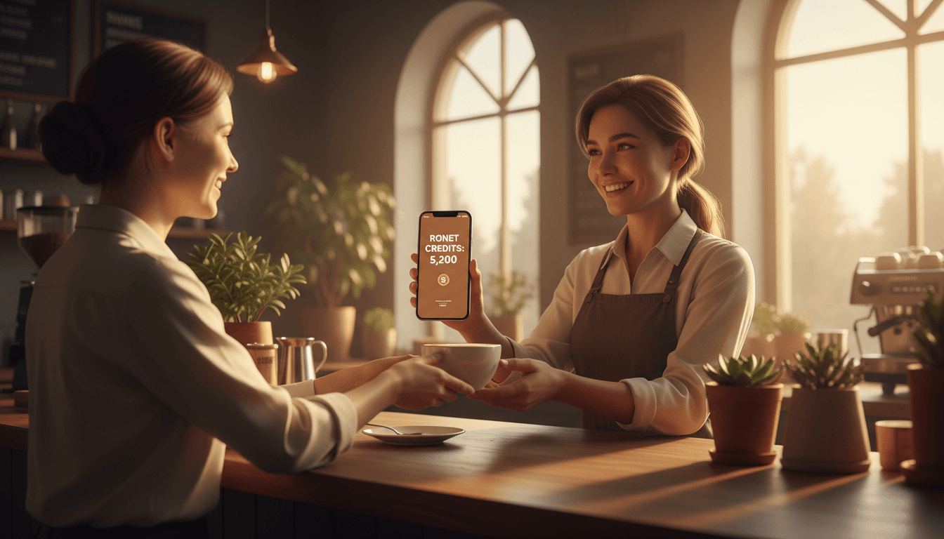 Customer receiving coffee while earning RONET token rewards
