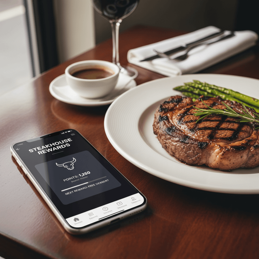 Smartphone with a loyalty rewards app on a restaurant table beside a steak dinner