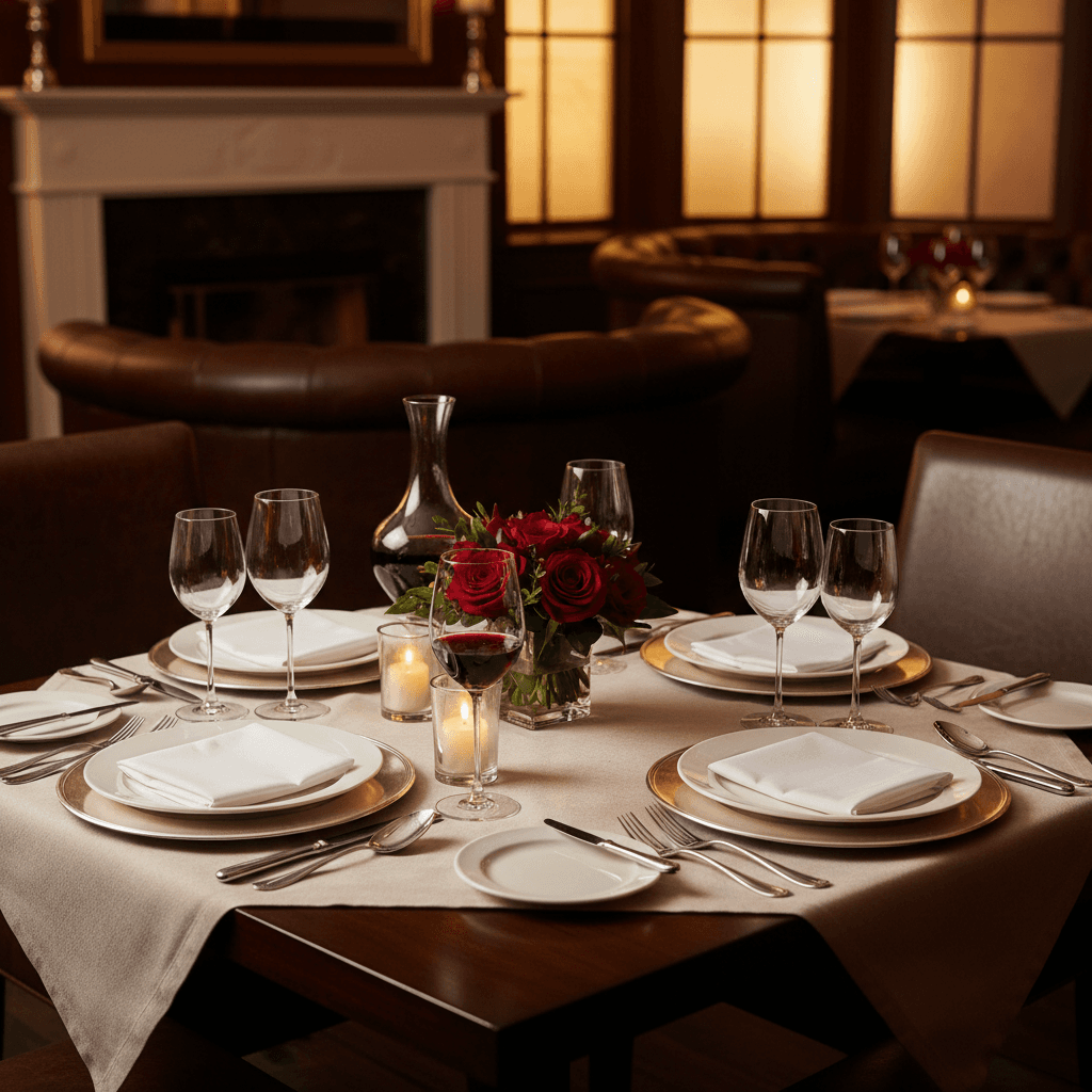 Elegant steakhouse table setting with wine glasses under warm lighting