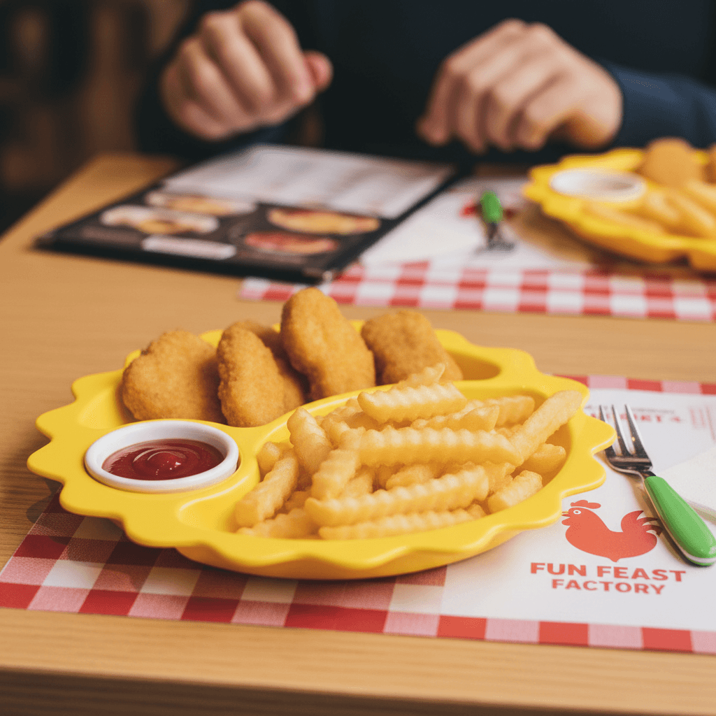 Chicken nuggets and fries on a plate at a family restaurant table