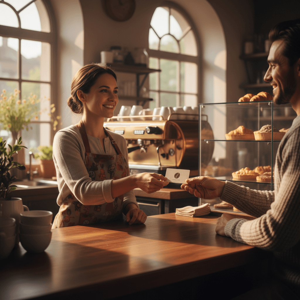 Café owner rewarding customer with loyalty token