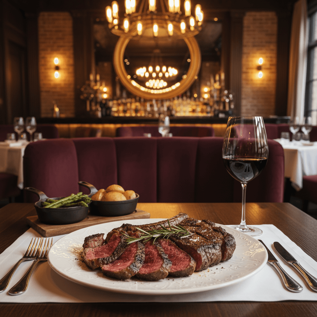 Premium steakhouse dining with elegantly plated steak
