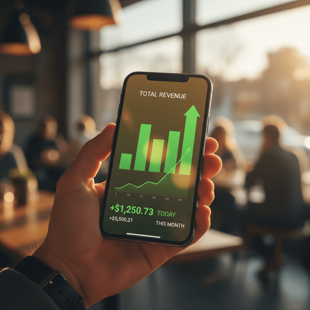 Smartphone displaying a simple earnings dashboard with rising green bars