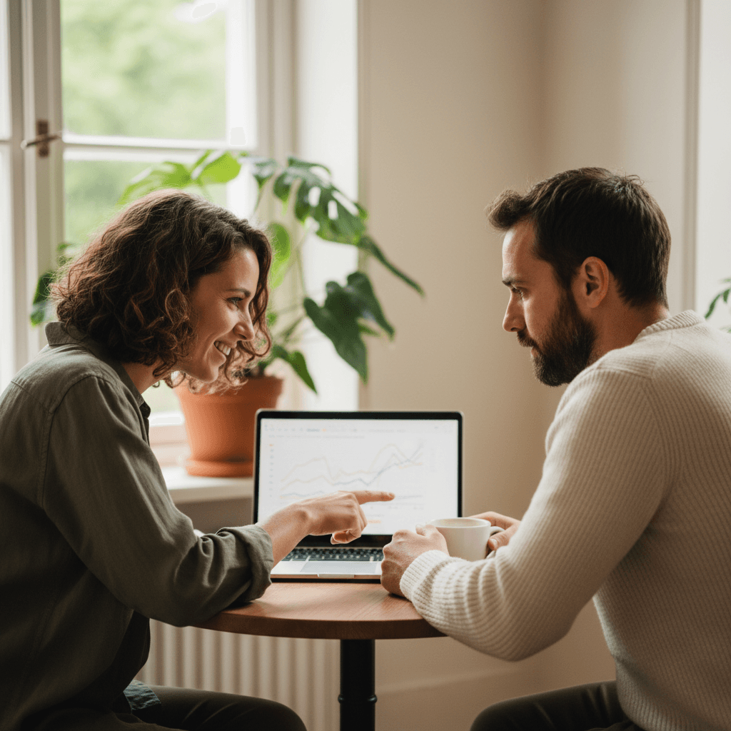 Two people sitting across a table, one pointing at a laptop screen in a collaborative meeting