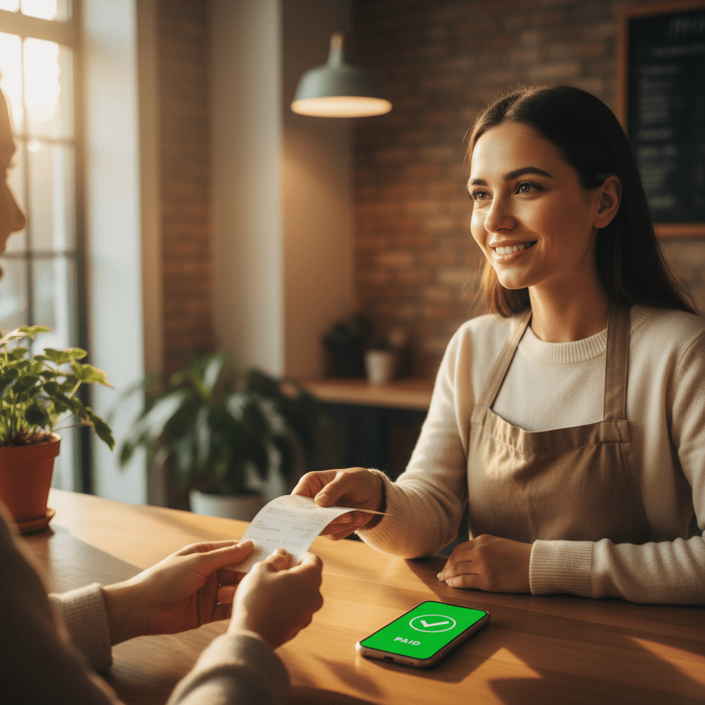 Café owner handing a receipt to a smiling customer