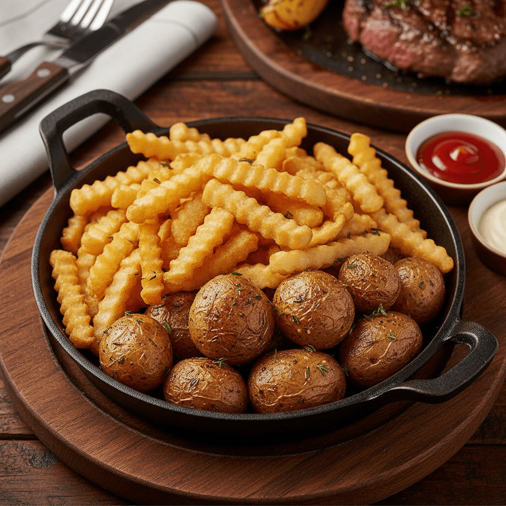 Golden fries and roasted potatoes in a rustic skillet at a steakhouse table