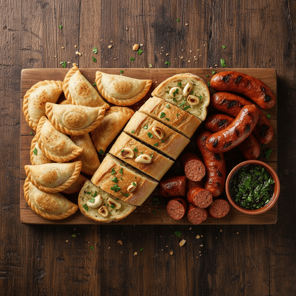 Wooden board with empanadas, garlic bread, and chouriço on a dark table