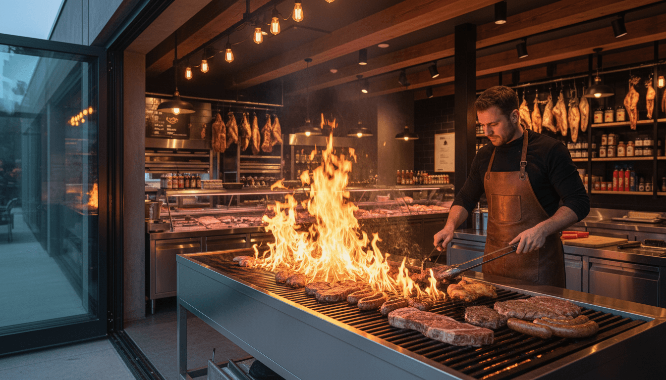 Active stainless steel grill with marinated meat cooking at dusk, flames and smoke visible
