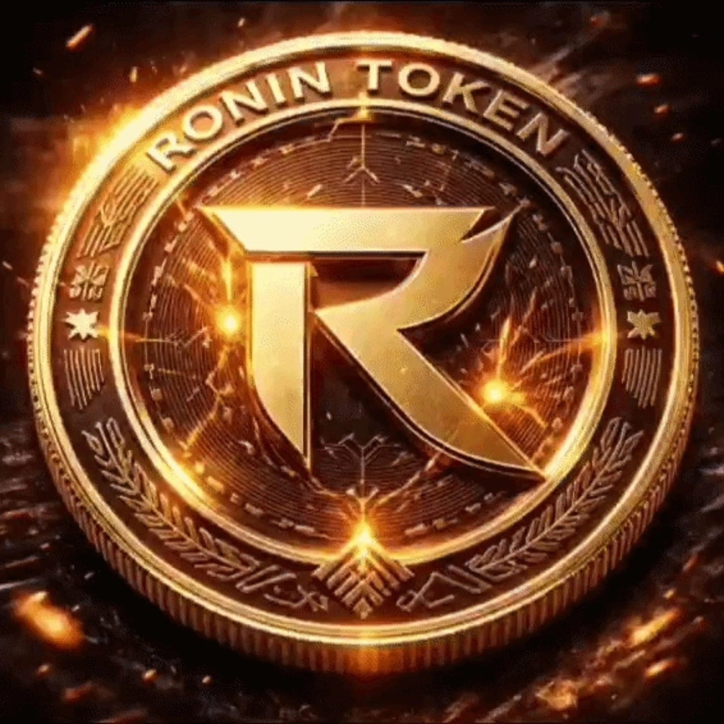 Glowing gold Ronin Token coin with a stylized R logo, surrounded by intense fiery sparks.