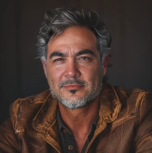 Middle-aged man with salt-and-pepper hair and beard, wearing a distressed brown leather jacket.