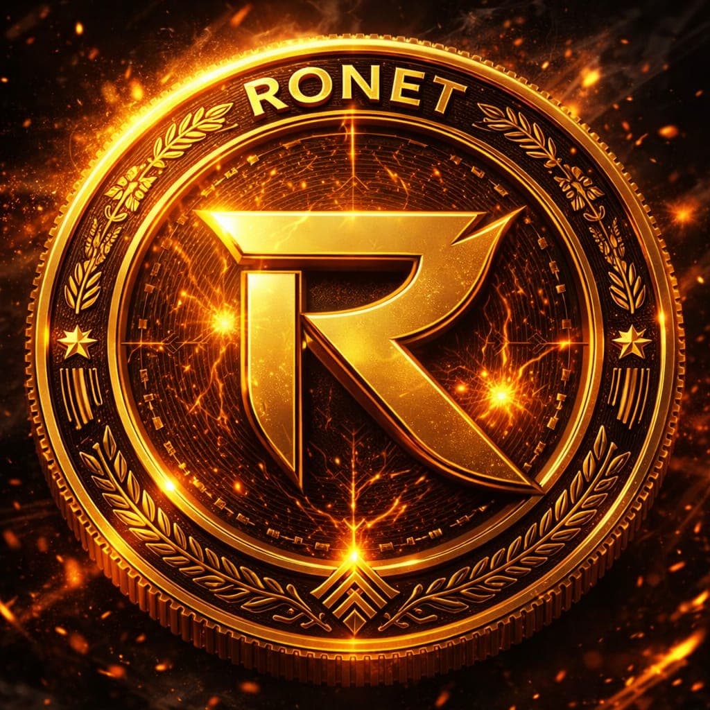 Glowing gold coin featuring a stylized R and RONET text amidst fiery orange sparks.