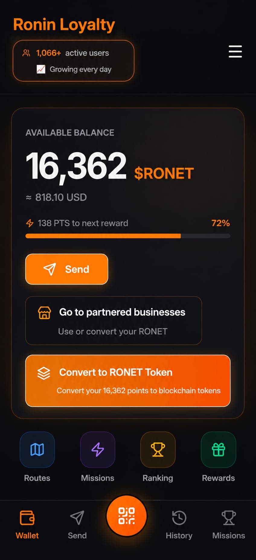 Ronin Loyalty app dashboard showing a balance of 16,362 RONET tokens and navigation buttons.