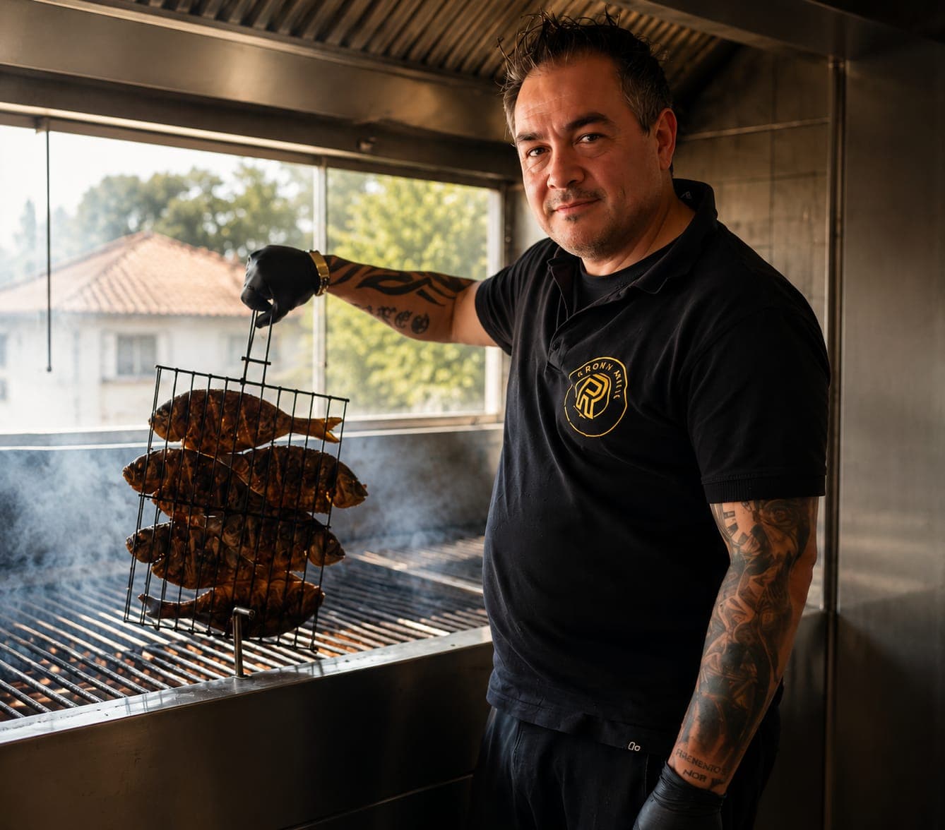 Tattooed chef holding a wire basket of whole fish over a smoky commercial grill.